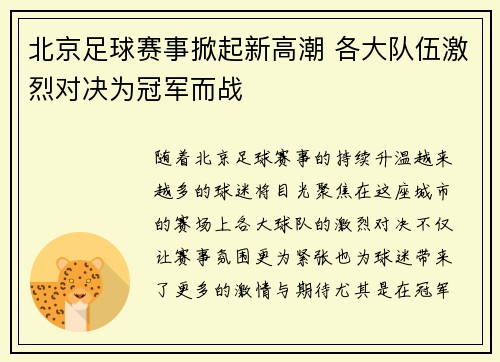 北京足球赛事掀起新高潮 各大队伍激烈对决为冠军而战