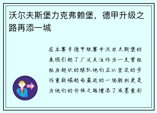 沃尔夫斯堡力克弗赖堡，德甲升级之路再添一城
