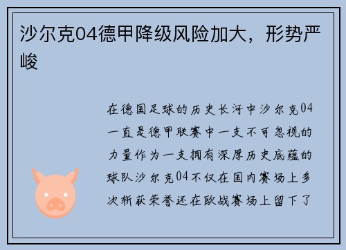 沙尔克04德甲降级风险加大，形势严峻
